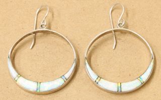 Southwest Sterling Silver Opal Inlay Hook Dangle Hoop Earrings 107d - 48