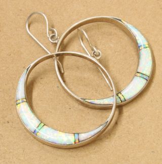 Southwest Sterling Silver Opal Inlay Hook Dangle Hoop Earrings 107D - 48 2