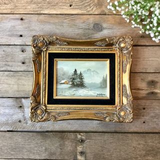 Vintage Oil Painting,  Ornate Gold Frame,  Winter Landscape Scene,  Signed Framed W