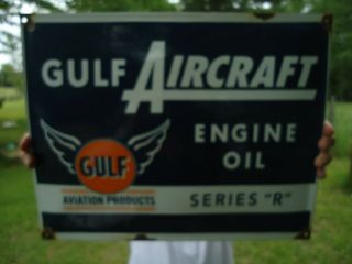 Vintage Gulf Aircraft Engine Oil Series " R " Porcelain Enamel Gas Pump Sign