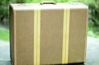 Vintage Striped Nutmeg Osh Kosh Hard Cover Tweed Suitcase Overnight Bag 1940 