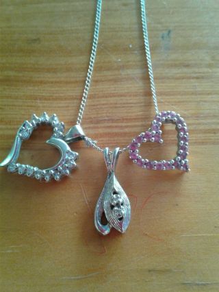 Vintage 14k White Gold Diamond Pink Sapphire Hearts Chain Necklace Charms