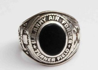 1940s Vintage Wwii U.  S.  Army Air Force " Turner Field " Sterling Silver & Onyx Ring