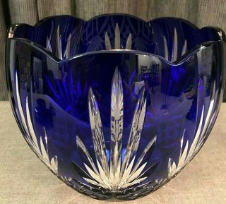 Stunning Large Czech Bohemian Cobalt Blue Hand Cut Crystal Bowl - Vintage