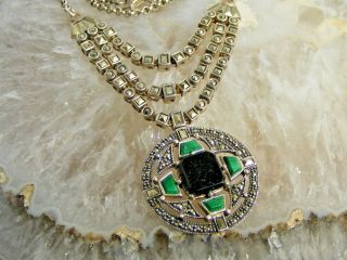 Vintage Art Deco Style Sterling Silver Marcasite Green Black Onyx 17 " Necklace