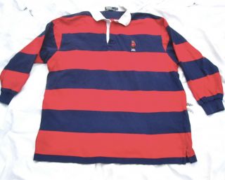 Vtg Ralph Lauren Polo Bear Long Sleeve Rugby Shirt Red Navy Stripe Mens Xl