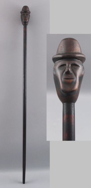 Antique Early 20thc American Folk Art Hand Carved Wood Cane,  Man & Bowler Hat