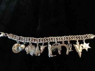 Sterling Silver Western Charm Bracelet 11 Charms,  Cowboy Hat,  Boot,  Stagecoach