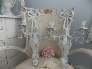 (1) Pr.  Shabby Vintage Chic Cherub Candle Wall Sconces W/ Crystals & Pink Roses