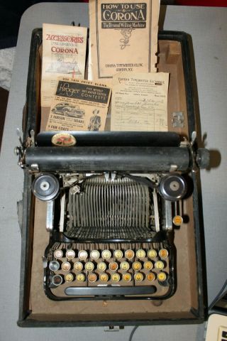 Vintage Folding Corona Portable Typewriter In Case With Paperwork