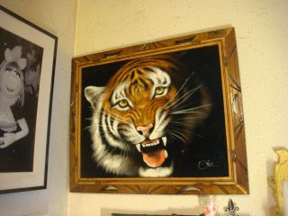 Vintage Oil Painting Black Velvet Vibrant Roar Tiger Handmade Frame Ortiz Jungle