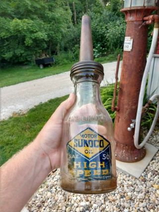 Vintage Sunoco High Speed Sae 50 Motor Oil Bottle One Quart Rare