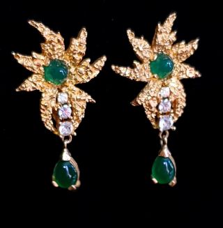 Vintage Signed Numbered Boucher Green Cabochon Rhinestone Gold Dangle Earrings