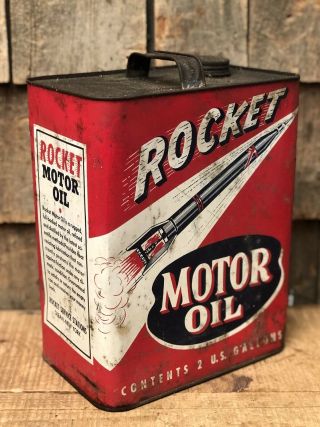 Vintage 2 Gallon Rocket Motor Oil Gas Service Station Tin Can Sign