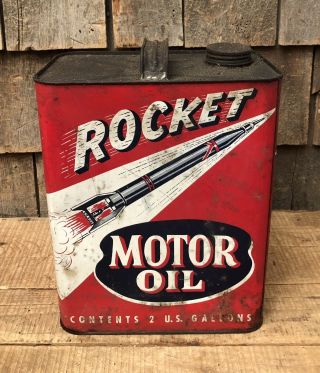 Vintage 2 Gallon ROCKET Motor Oil Gas Service Station Tin Can Sign 2