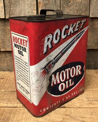 Vintage 2 Gallon ROCKET Motor Oil Gas Service Station Tin Can Sign 4