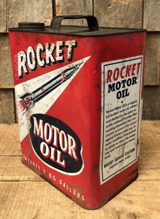 Vintage 2 Gallon ROCKET Motor Oil Gas Service Station Tin Can Sign 7
