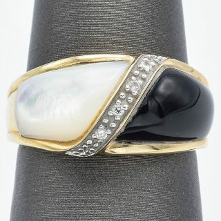 Vintage 14k Yellow Gold Black Onyx,  Mother Of Pearl & Diamond Ring 4.  6 Grams