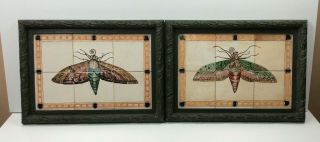 2 Vintage Framed Painted Moth Wall Hanging W/ Ceramic Tiles