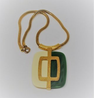 Trifari Lucite Modernist Reversible Pendant Necklace Green And Cream Gold Tone