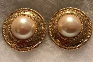 Vintage Givenchy Gold Tone & Faux Pearl Large Clip - On Earrings