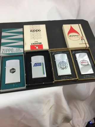 4 Vintage Slim Zippo Lighters With Advertising - In The Box 1958 - 1977