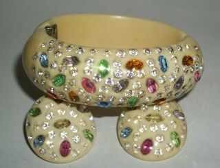 Stunning Weiss Multi Pastel Rhinestone Vtg Clamper Hinged Bracelet Earrings Set