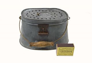 Vintage Small Bail Handled Galvanized Minnow Bait Bucket,  Creel,  French.