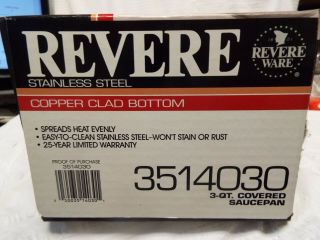 Vintage Revere Ware 3 qt Covered Copper Clad Bottom Saucepan 1992 Nib 3514030 4