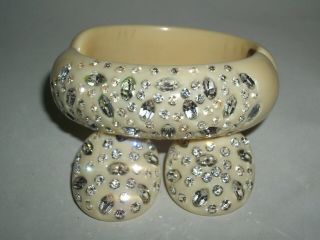 Luxe Weiss Vanilla & Diamond Rhinestone Vtg Clamper Hinged Bracelet Earrings Set