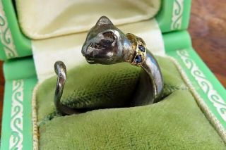 Vintage 14k Gold Sterling Silver Modern Sapphire Cat Panther Cheetah Ring Patina