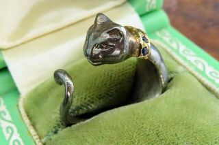 Vintage 14k gold sterling silver MODERN SAPPHIRE CAT PANTHER CHEETAH ring PATINA 2