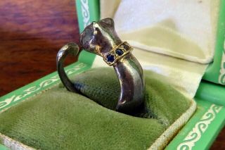 Vintage 14k gold sterling silver MODERN SAPPHIRE CAT PANTHER CHEETAH ring PATINA 6