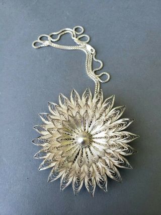 Large Antique Chinese Export Sterling Silver Flower Pendant W Chain Signed