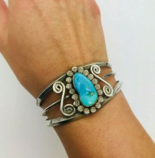Vintage Old Pawn Navajo Sterling Silver Baby Blue Turquoise Cuff Bracelet