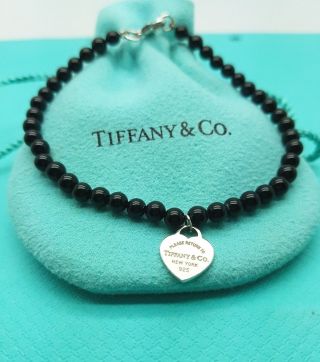Return To Tiffany & Co Silver 4mm Ball Bead Onyx Mini Heart Bracelet 7.  25 " Rare