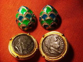 Vintage Marvella Enamel Carolee Coin Gold Tone Clip On Earrings