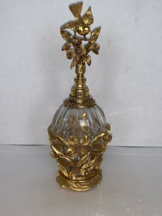Vintage Martin Ormolu 24k Gold Plated Glass Perfume Bottle 8.  25 " Bird Stopper