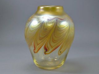 Paul White American Studio Art Glass Gold Pulled Feather Vase Vintage