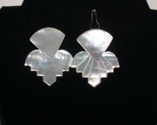 Vtg 1980s Stephen Dweck Huge Mother of Pearl Earrings Clip On Sterling Silver 2