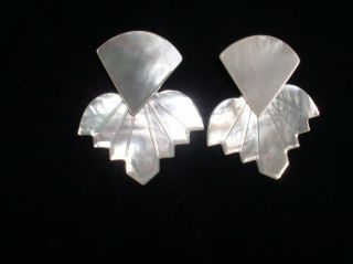 Vtg 1980s Stephen Dweck Huge Mother of Pearl Earrings Clip On Sterling Silver 7