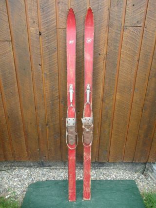 Old Interesting Vintage Wooden 65 " Long Skis Red Finish,  Metal Cable Bindings