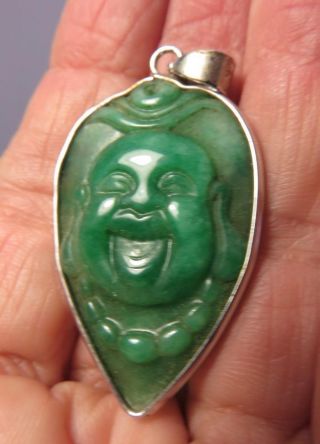 Rare Vintage Green Jade Buddha W Tongue Sticking Out Pendant Sterling Frame