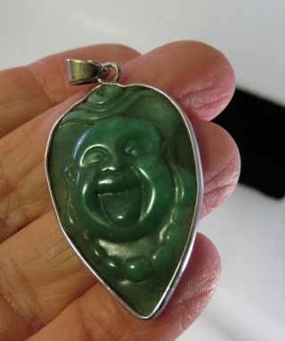 RARE VINTAGE GREEN JADE BUDDHA W TONGUE STICKING OUT PENDANT STERLING FRAME 3