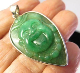 RARE VINTAGE GREEN JADE BUDDHA W TONGUE STICKING OUT PENDANT STERLING FRAME 4