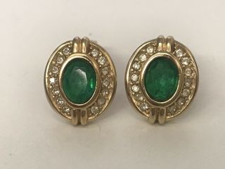 Vintage Christian Dior Crystal Emerald Gold Tone Clip On Earrings