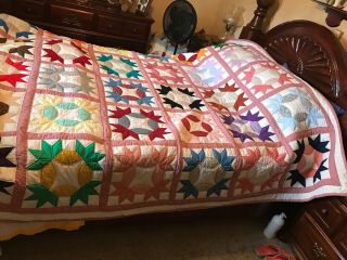 Vintage Quilt King Size Or Queen Size Hand Stitched & Sewn An Old Quality Piece