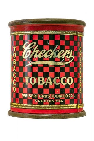 Ultra Rare 1920s " Checkers " Litho Knob Top Round Tobacco Tin In