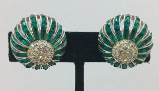 Vintage Silver Tone Green & Clear Rhinestone Earrings Attributed Marcel Boucher