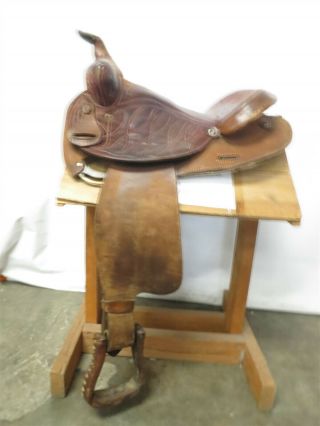 Vintage Circle Y Hand Tooled Western Style Riding Saddle 14 " Seat W/ Stirrups